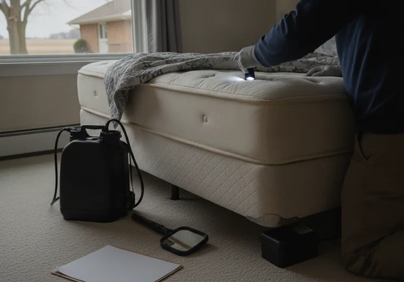Pest control professional inspecting the seams of a mattress with a flashlight in an Illinois bedroom