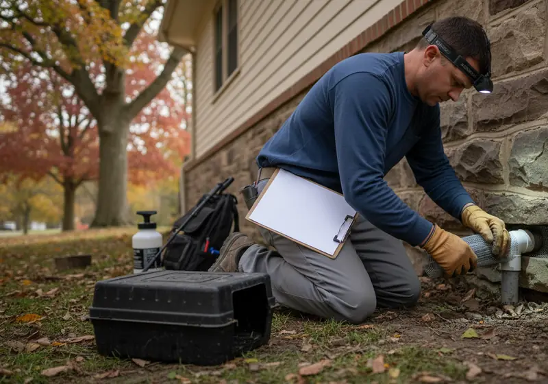 Pest control technician inspecting a gap around a pipe at the foundation of an Illinois home for rodent entry