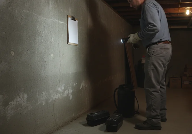 Pest control professional inspecting a basement foundation wall for termite mud tubes in an Illinois home