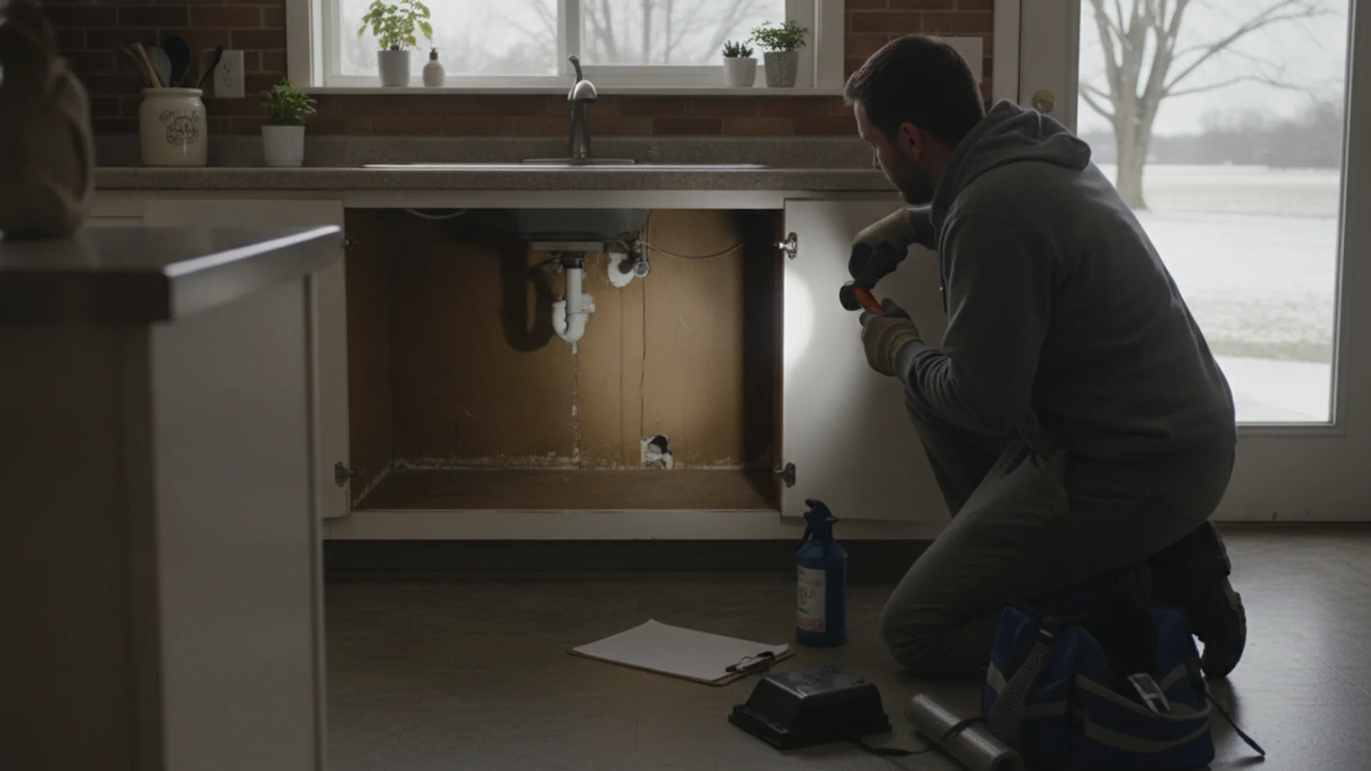 Pest control professional inspecting under a kitchen sink with a flashlight in an Illinois apartment