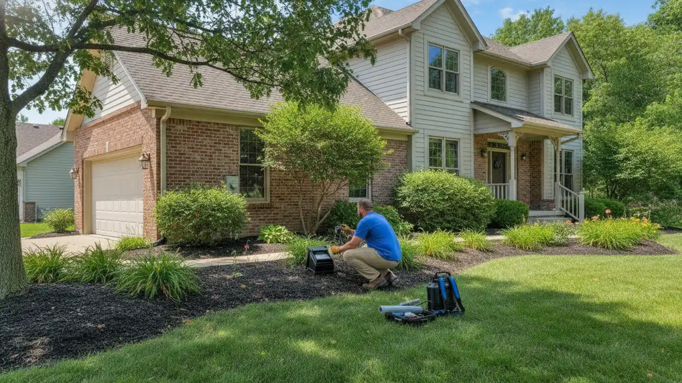 Newer suburban home with landscaped mulch beds along the foundation in Bloomington, Illinois