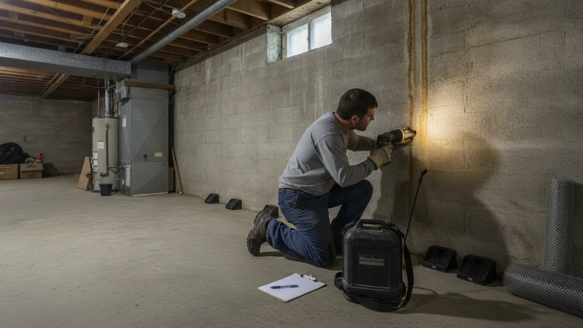 Pest control professional inspecting a basement foundation wall for termite mud tubes in an Illinois home