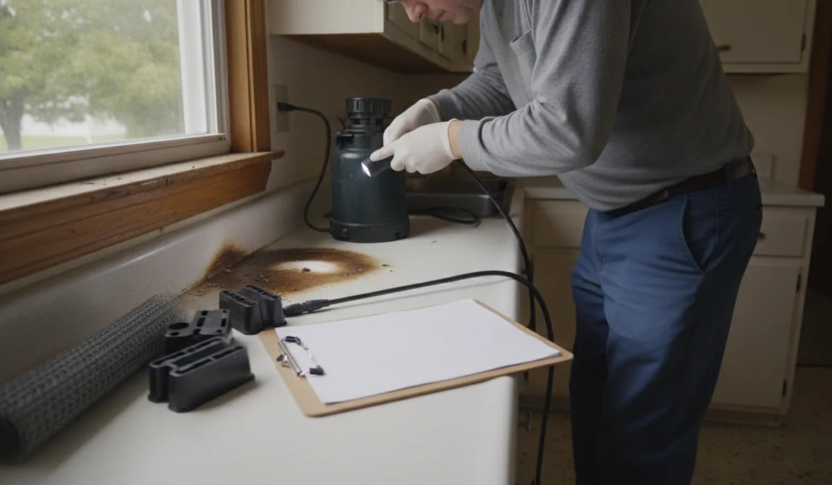 Pest control technician inspecting a damp window sill for carpenter ant activity
