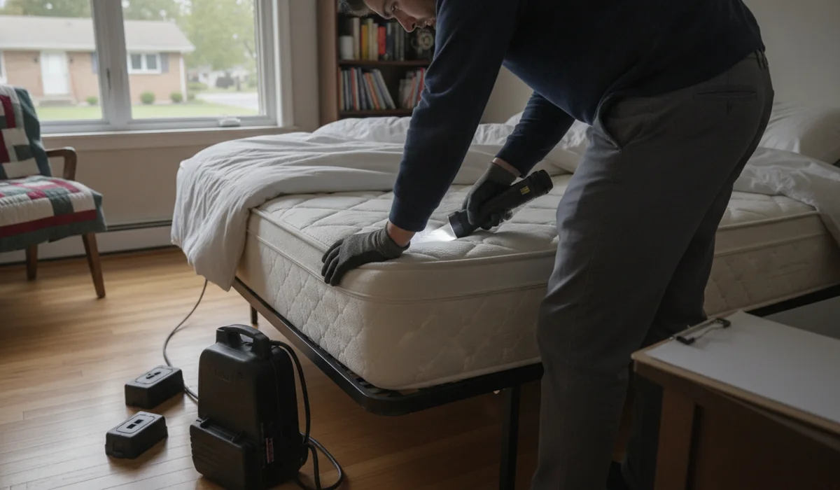 Mattress and box spring sealed in zippered encasements in a tidy bedroom