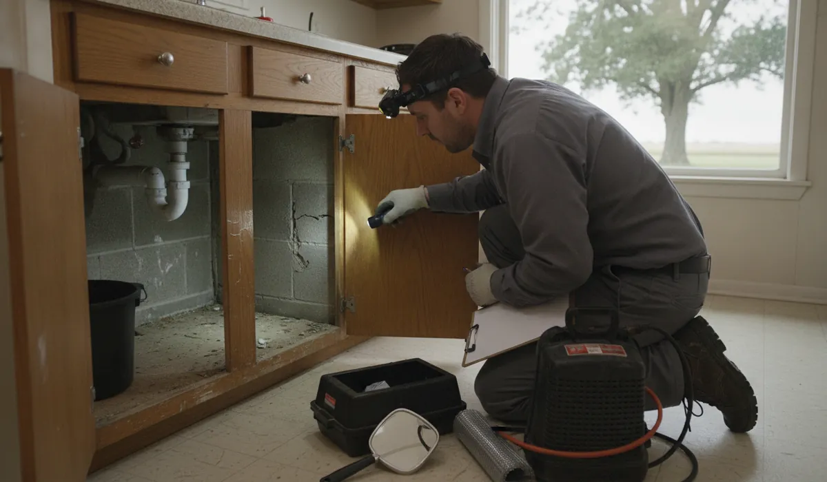 Technician placing gel bait in a crack behind kitchen cabinets