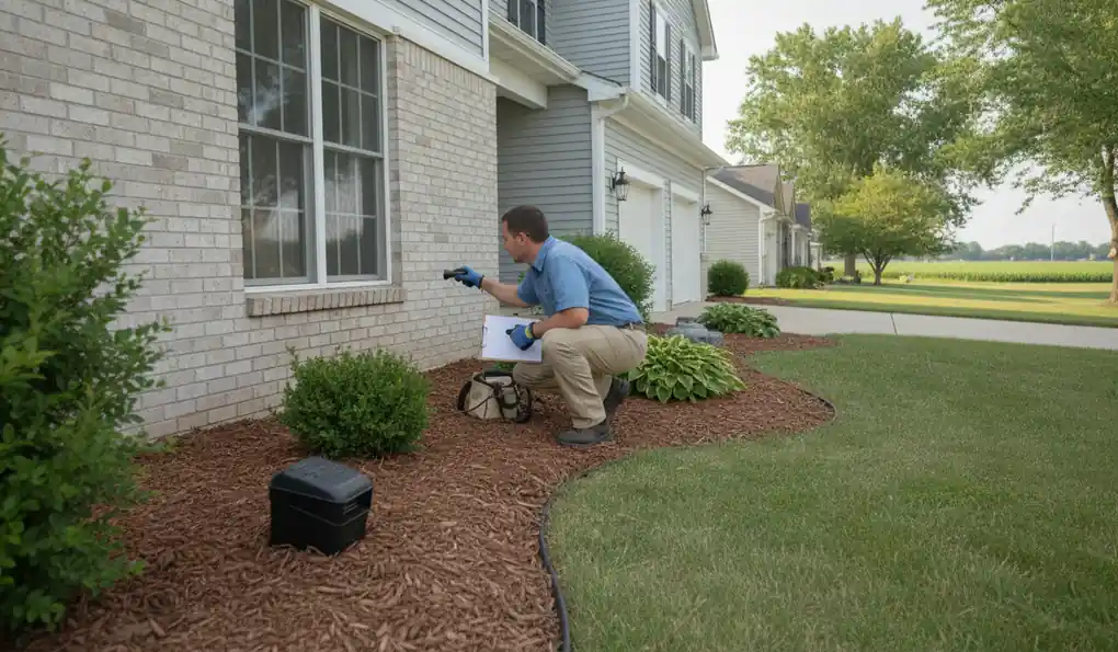 Pest control professional checking mulch against a foundation for termite conditions in Bloomington