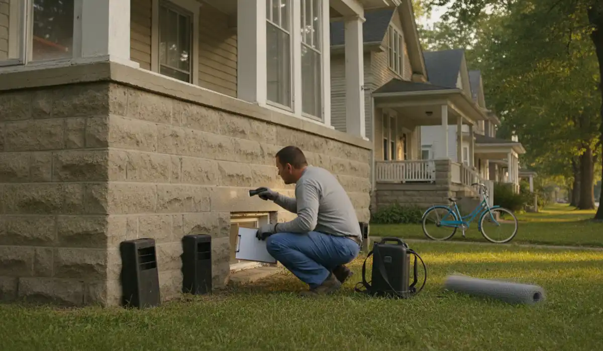 Pest control professional inspecting a bedroom in a Champaign apartment for bed bugs
