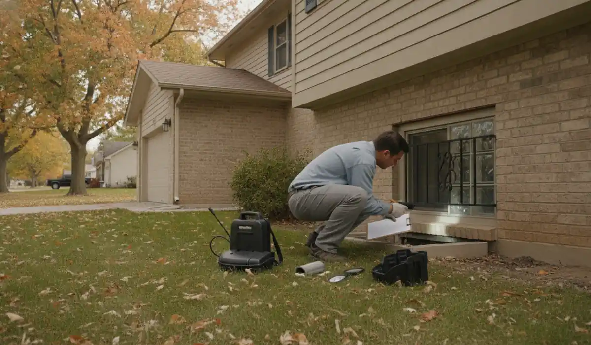 Pest control professional inspecting the garage door seal and sill plate of a Joliet home