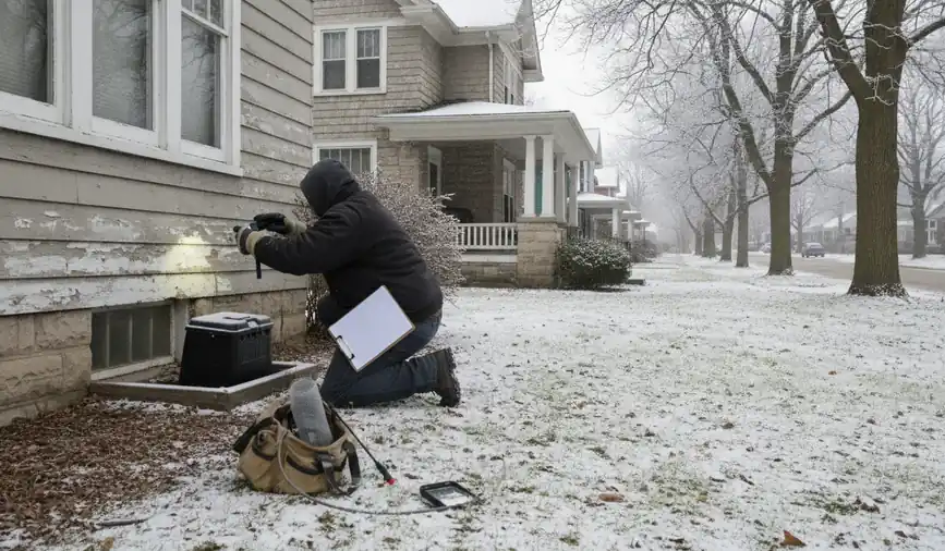 Pest control professional inspecting a gap where a utility line enters a Rockford home's foundation