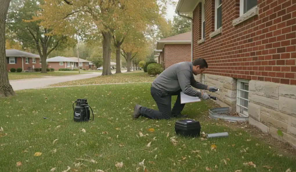 Pest control professional checking a basement window well for gaps at a Springfield home