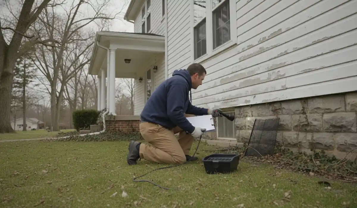 Technician placing a tamper-resistant bait station along the foundation of an Illinois house