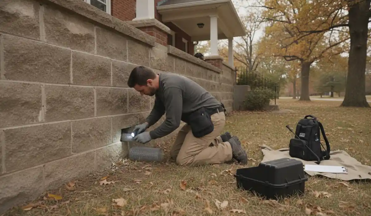 Technician sealing a small gap around a utility line with metal mesh to keep mice out