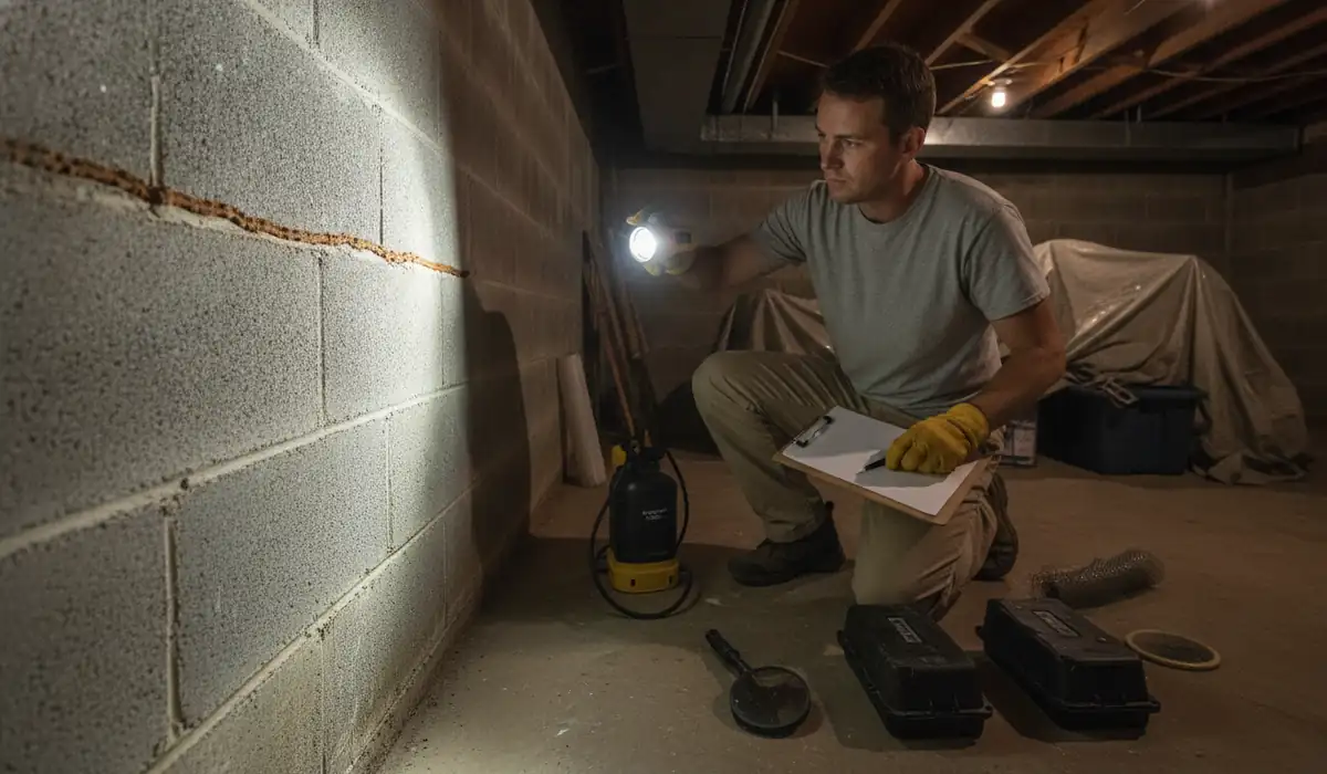 Close-up of subterranean termite mud tubes running up a concrete foundation wall